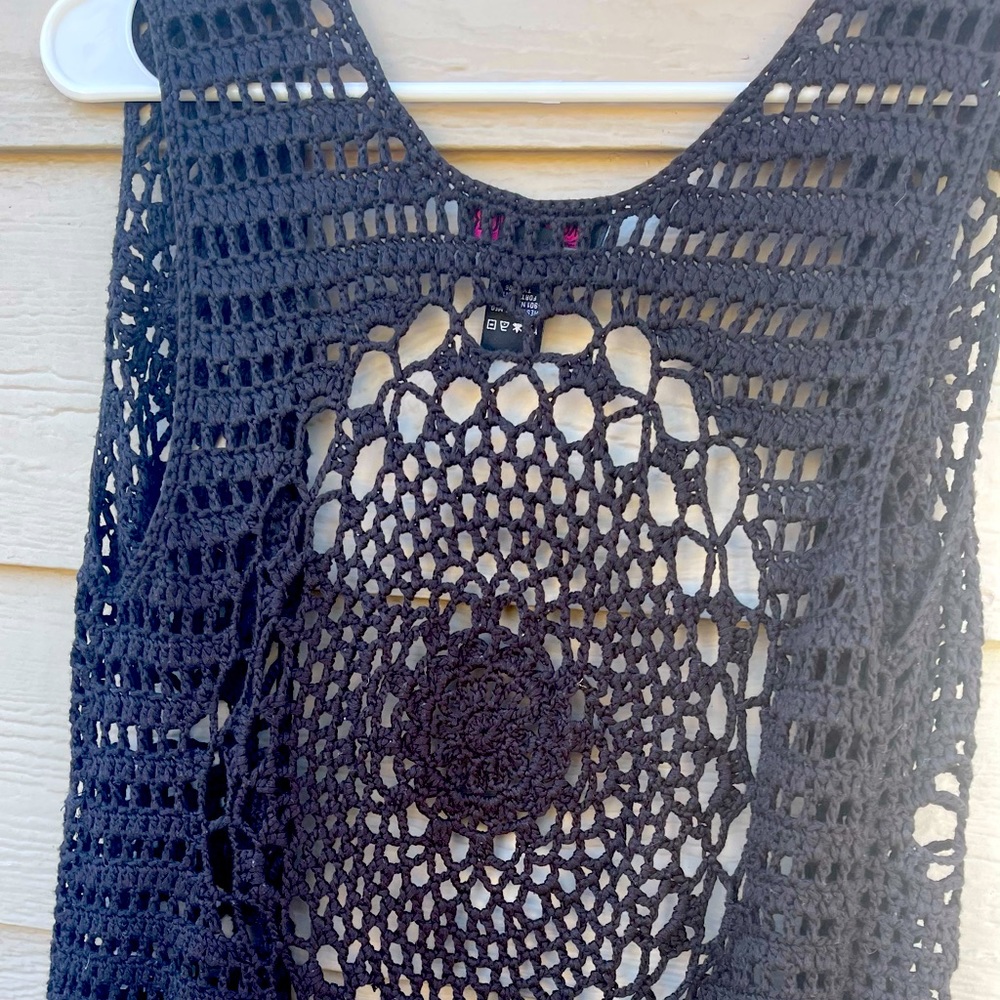 ROCK & ROLL DENIM WOMEN'S BLACK CROCHET LONG FRINGE VEST